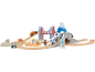 Holzeisenbahn-Set mit Weltwahrzeichen wie Golden Gate Bridge, Sphinx und Freiheitsstatue.