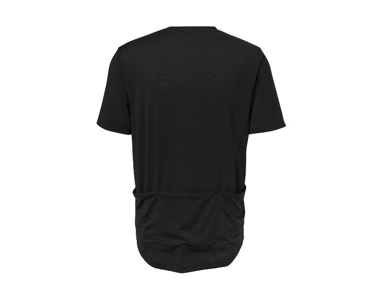 Schwarzes kurzärmeliges Radtrikot mit Rückentaschen, Rückansicht.