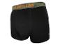 Schwarze Herren-Boxershorts mit Camouflage-Bund und orangefarbenem Schriftzug.