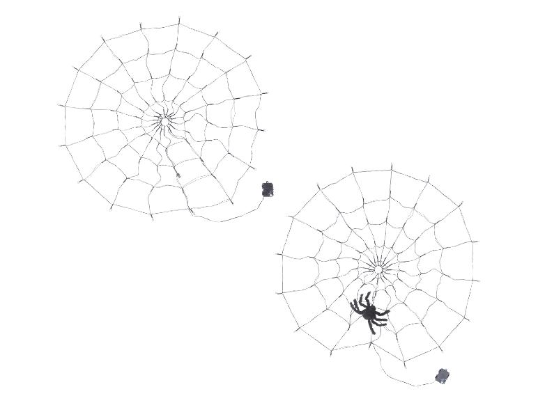 Zwei Halloween-Spinnennetz-Dekorationen mit Lichtern, eine mit Spinne.
