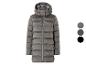Graue Daunenjacke mit Kapuze.