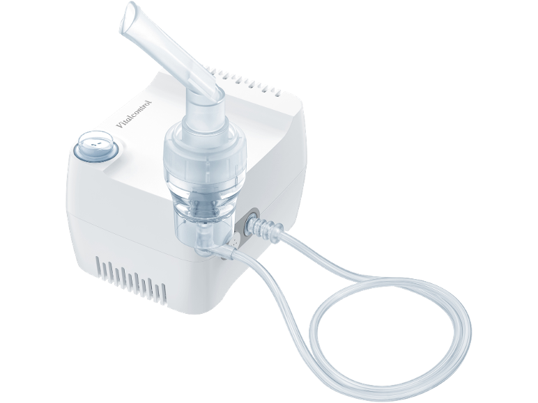Weißes Inhalationsgerät mit Mundstück und Anschlussschlauch.
