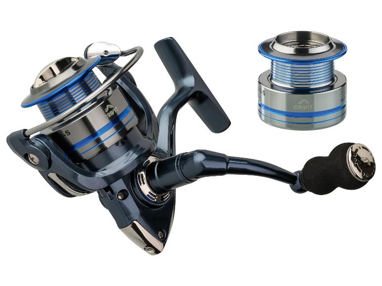Crivit Angelrolle, blau und grau, mit zusätzlicher Spule.
