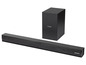 Ein schwarzer Sharp Soundbar mit Subwoofer.