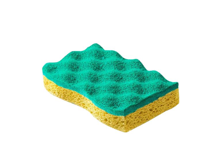 Ein gelber und grüner Spülschwamm mit gewellter Oberfläche.