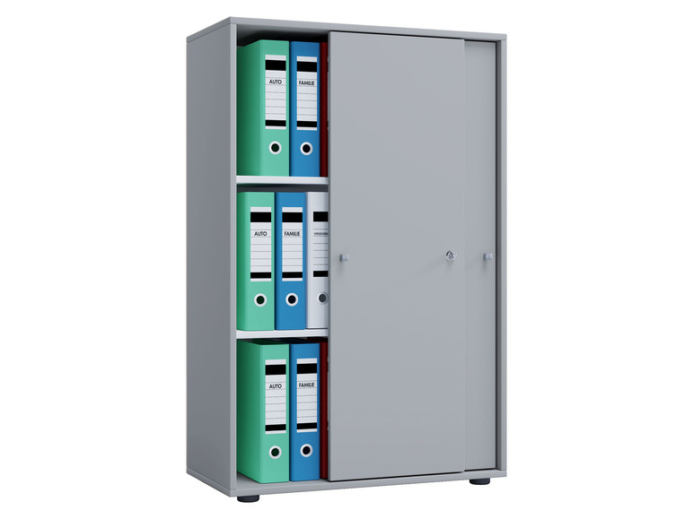 Ein grauer Metall-Archivschrank mit Schiebetüren, gefüllt mit bunten Ringordnern.