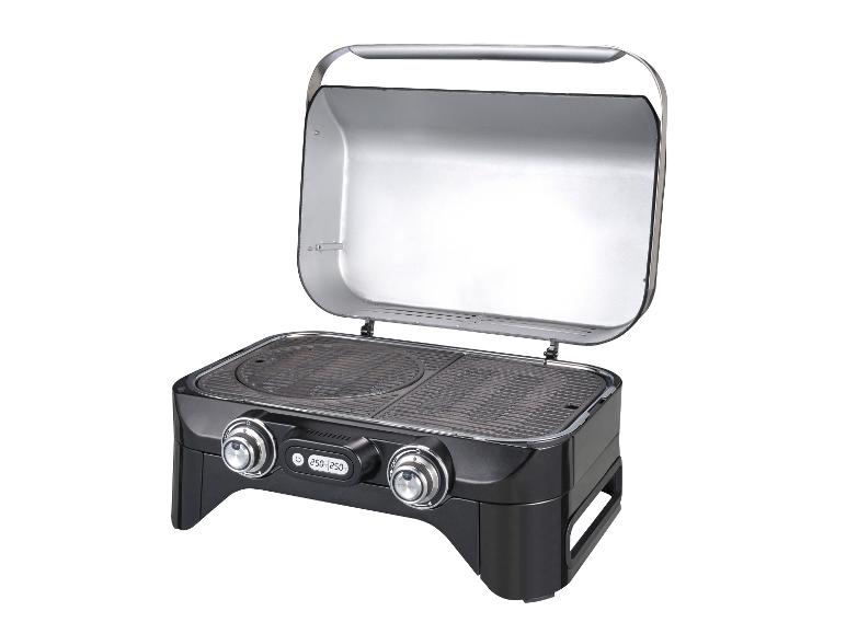 Schwarzer Elektrogrill mit offenem Deckel und digitaler Anzeige von 250°C.