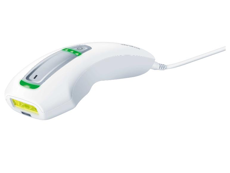 Weißes IPL-Haarentfernungsgerät mit grünen Leuchtanzeigen und Kabel.