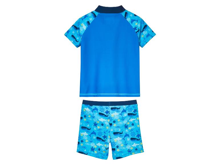 Kinder Badeanzug: kurzärmliges, blaues Oberteil und Badehose mit Meeresmotiv.