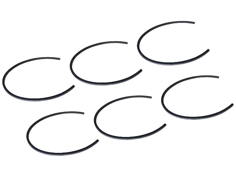 Sechs schwarze Gummidichtungsstreifen in einem Muster auf weißem Hintergrund.