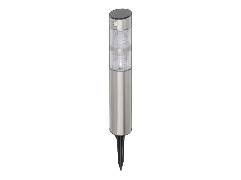 Silberne Solarlampe mit Erdspieß.