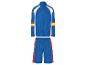 Blauer Trainingsanzug mit Jacke und Shorts, Retro-Stil.