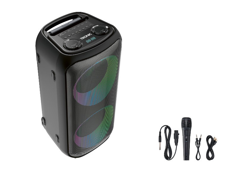 TRONIC® Bluetooth-Party-Lautsprecher mit Mikrofon und Kabeln.