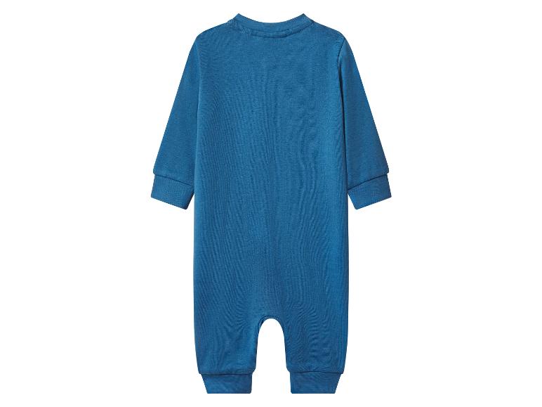 Blauer Baby-Overall mit langen Ärmeln, Rückansicht.