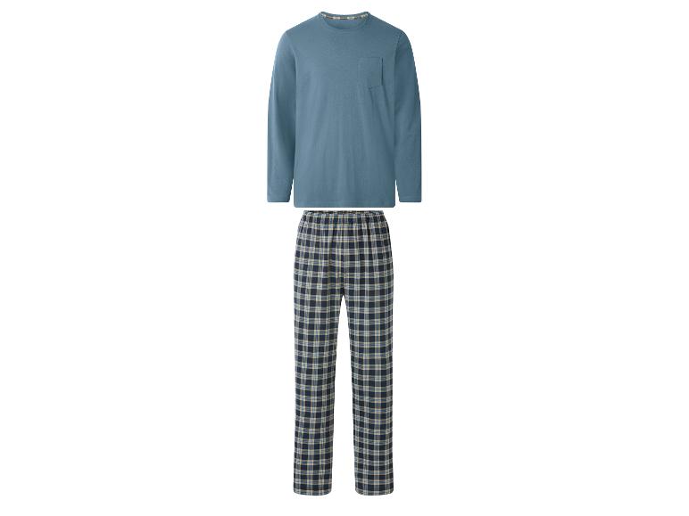 Blaues Langarm-Pyjamaoberteil und karierte Pyjamahose.