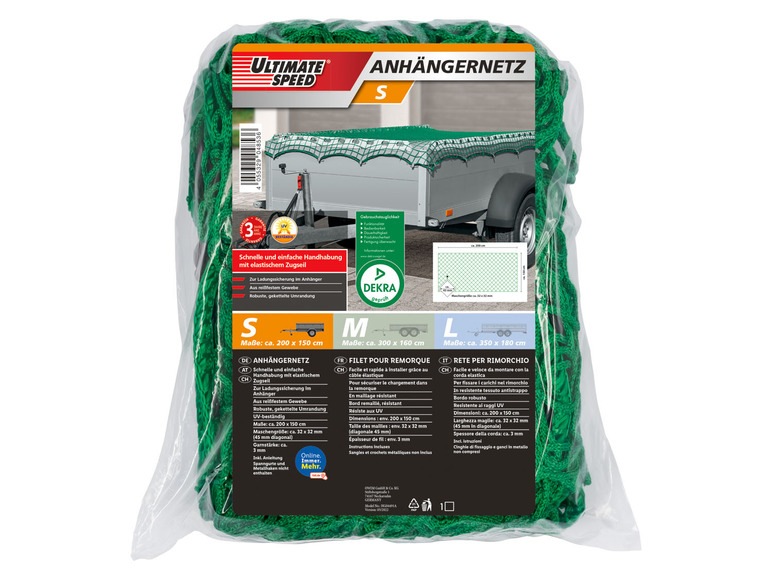Grünes Ladegurtnetz für Anhänger mit Zugseil. Marke Ultimate Speed.