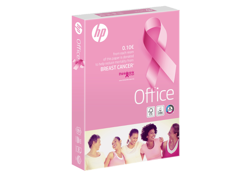 Rosa Büropapierpackung mit Brustkrebs-Bewusstseinsband und lächelnden Frauen.