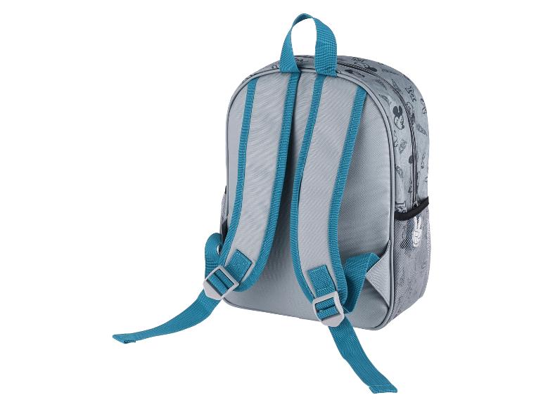 Grauer Mickey Mouse Kinderrucksack, türkisfarbene Träger.