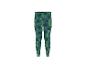 Dunkelgrüne Kinderleggings mit tropischen Blättern und rosa Emblemen.