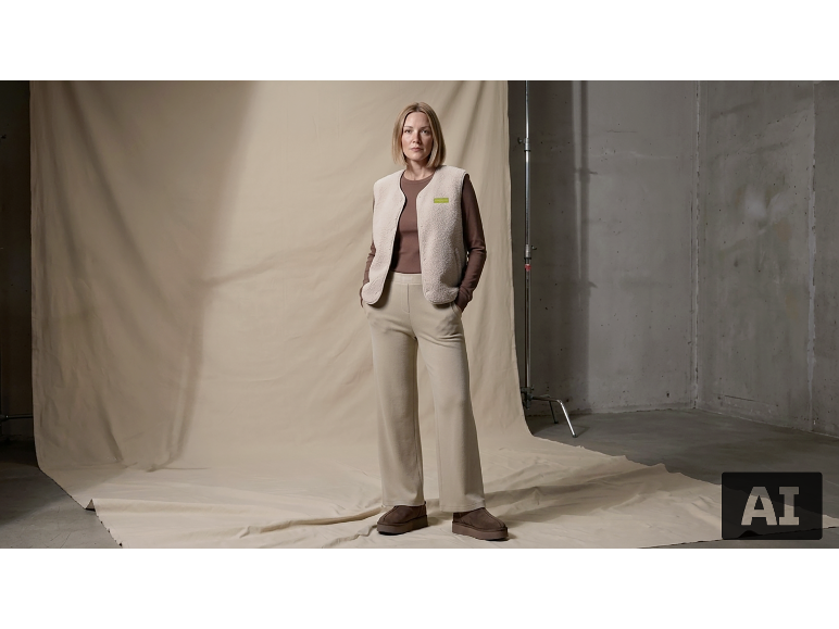 Eine Frau in einer beigen Fleeceweste, einem braunen Langarmshirt und einer passenden Hose.