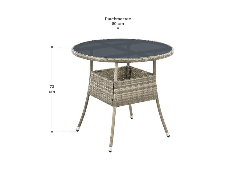 Runder Gartentisch aus Rattan mit Glasplatte, 73 cm hoch und 80 cm Durchmesser.