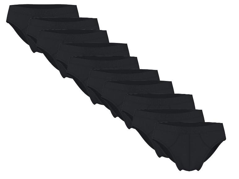 Zehnerpack schwarze Herrenslips, diagonal gestapelt.
