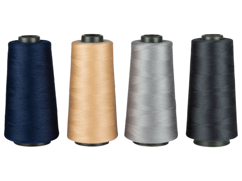 Vier Garnrollen in blau, beige, grau und schwarz.