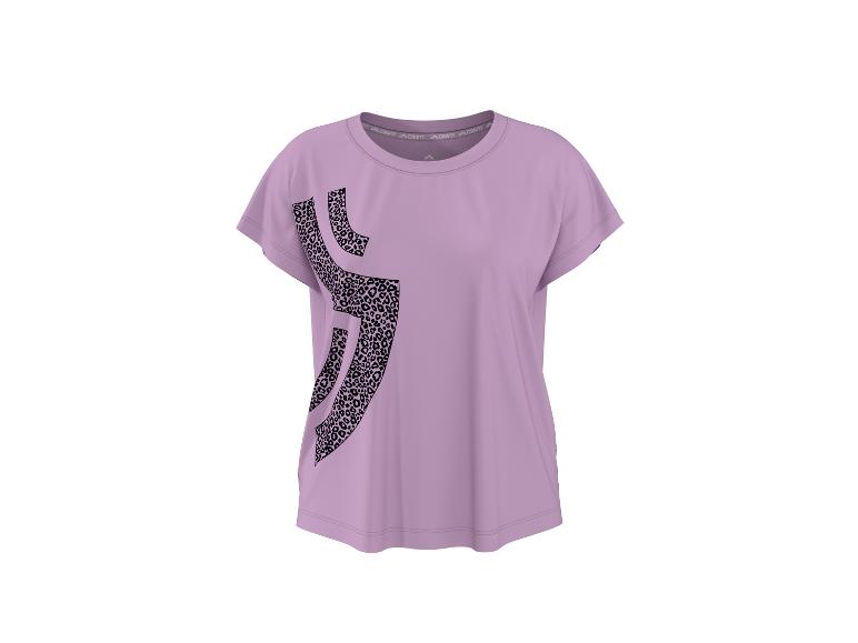 Lila Damen-T-Shirt mit kurzen Ärmeln und schwarzem Leopardenmuster.