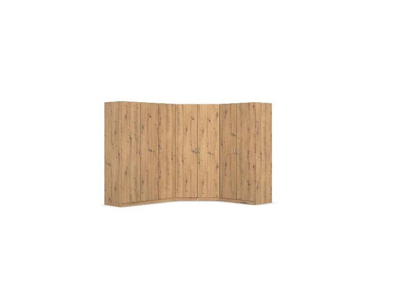 Hölzerner Eckschrank mit Türen und Metallgriffen.