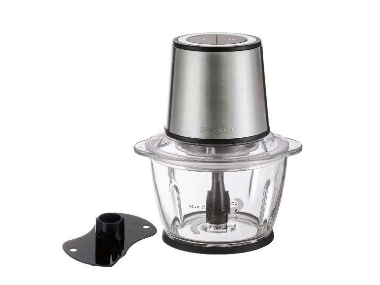 Küchenzerkleinerer mit Glasschüssel und zwei Bedientasten.