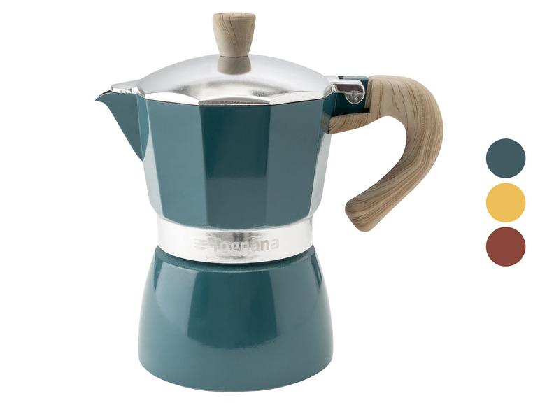 Eine blaue Bialetti Kaffeekanne mit Holzgriff