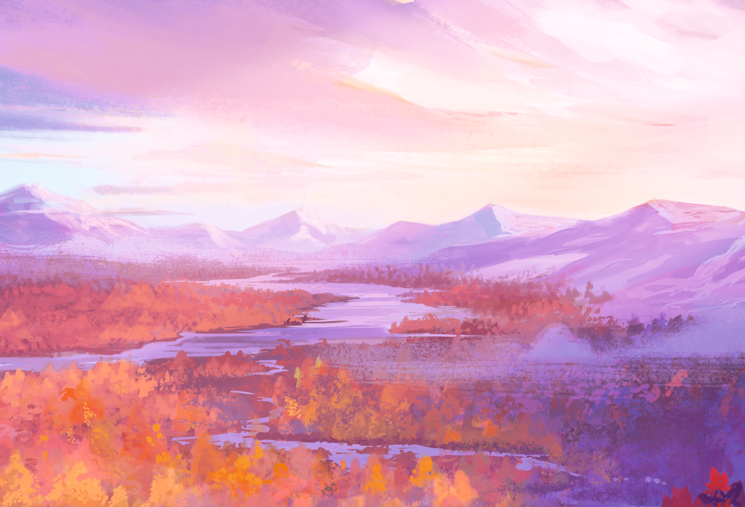 Landschaft in Rosa- und Lilatönen mit Bergen, einem Fluss und Herbstbäumen.