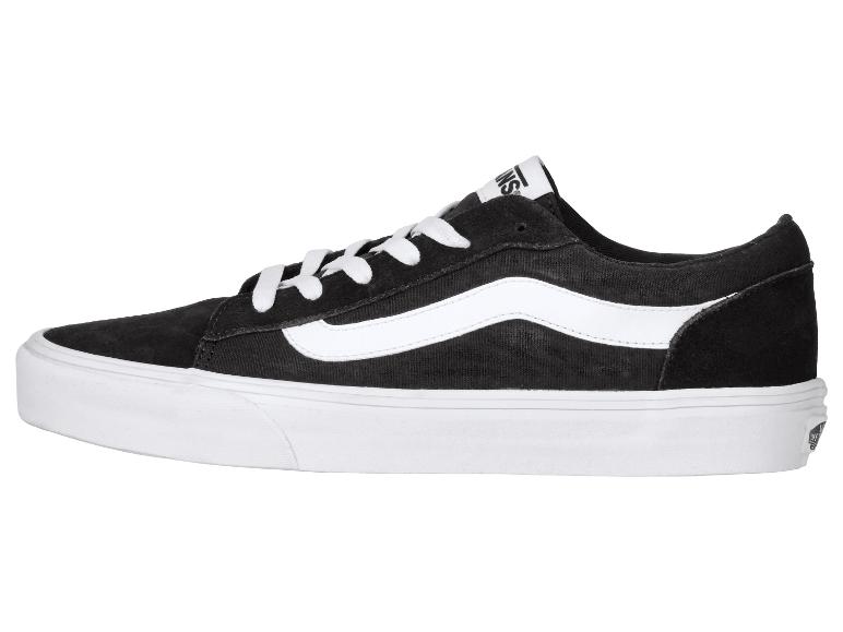 Schwarze Low-Top-Sneaker mit weißen Schnürsenkeln und Seitenstreifen.