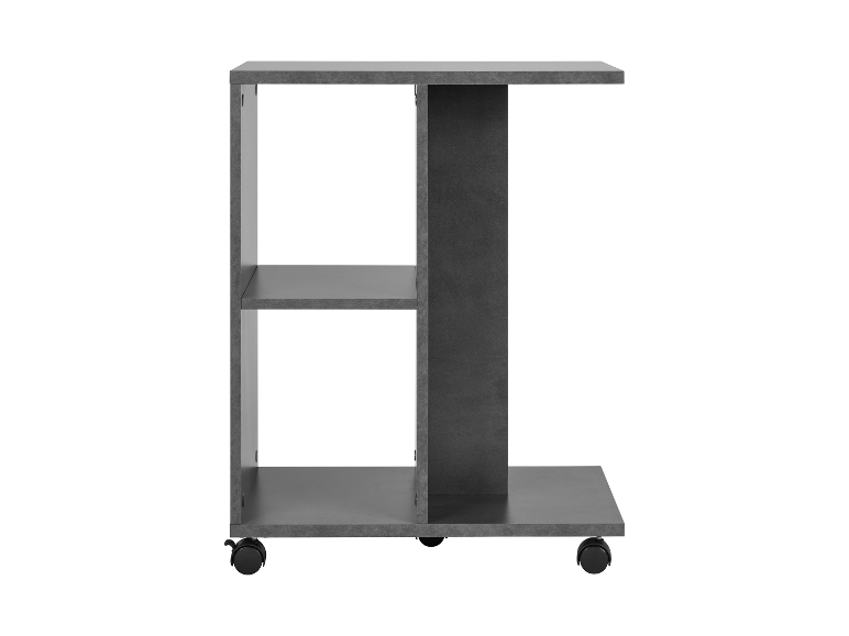 Ein grauer Rolltisch mit Ablagen.