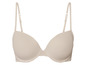 Ein beiger BH mit glatten Cups und verstellbaren Trägern.