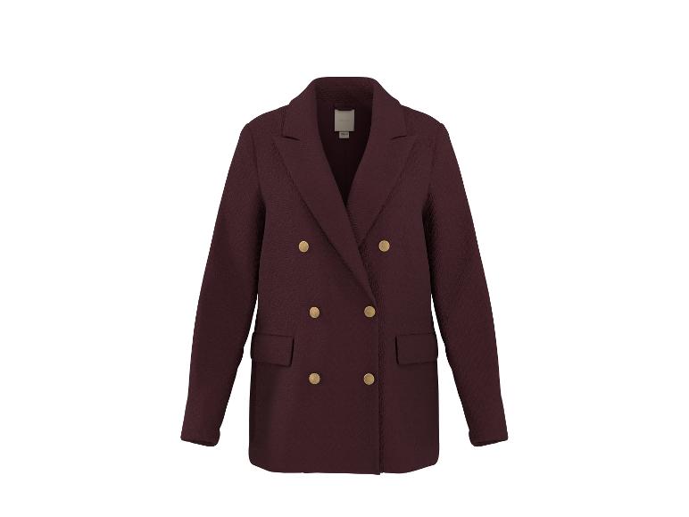 Bordeauxrote zweireihige Damenjacke mit goldenen Knöpfen.