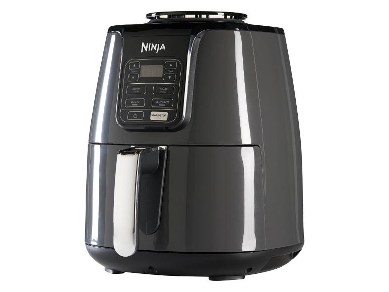 Dunkelgraue Heißluftfritteuse mit digitalem Bedienfeld und verchromtem Griff.