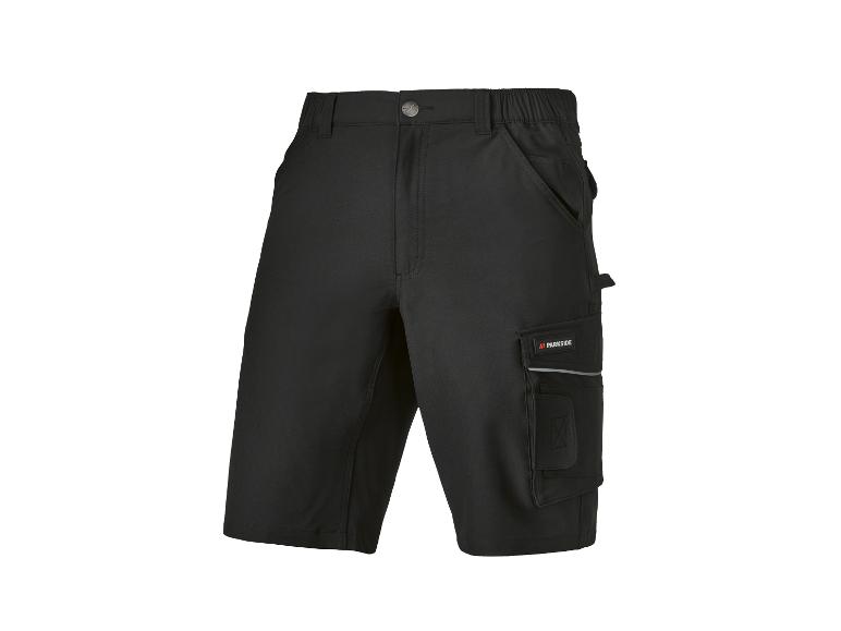 Schwarze Parkside Arbeitsshorts mit mehreren Taschen.