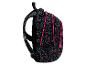 Schwarzer Rucksack mit rosa und blauen Tiermotiven und rosa Reißverschlüssen.