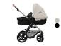 2-in-1 Kinderwagen mit schwarzem Kinderwagenaufsatz und beigem Verdeck, mit braunem Griff und silbernem Gestell.