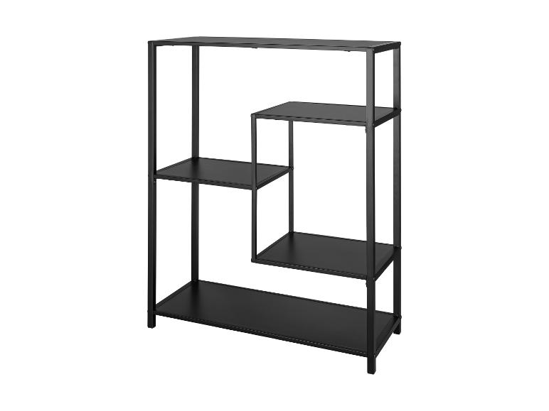 Modernes schwarzes Vier-Ebenen-Regal mit asymmetrischem geometrischem Design.