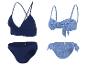 Zwei Damen-Bikini-Sets: eines dunkelblau gerippt, eines hellblau mit Blumenmuster.
