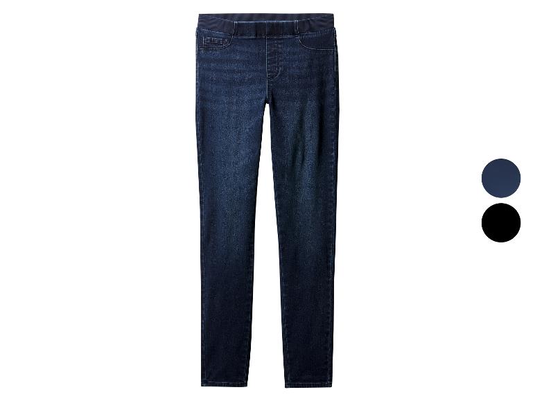 Dunkelblaue Skinny Jeans mit elastischem Bund, präsentiert auf weißem Hintergrund.