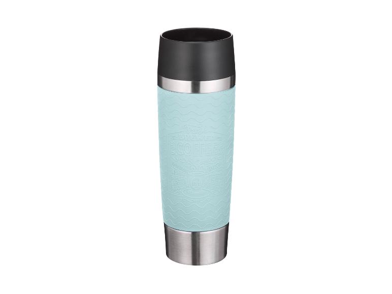 Hellblauer Reisebecher mit schwarzem Deckel und Kaffeemotiv.