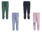 Vier Kinder-Jogginghosen in Grün, Blau, Marineblau und Rosa mit verschiedenen Charakterdrucken.