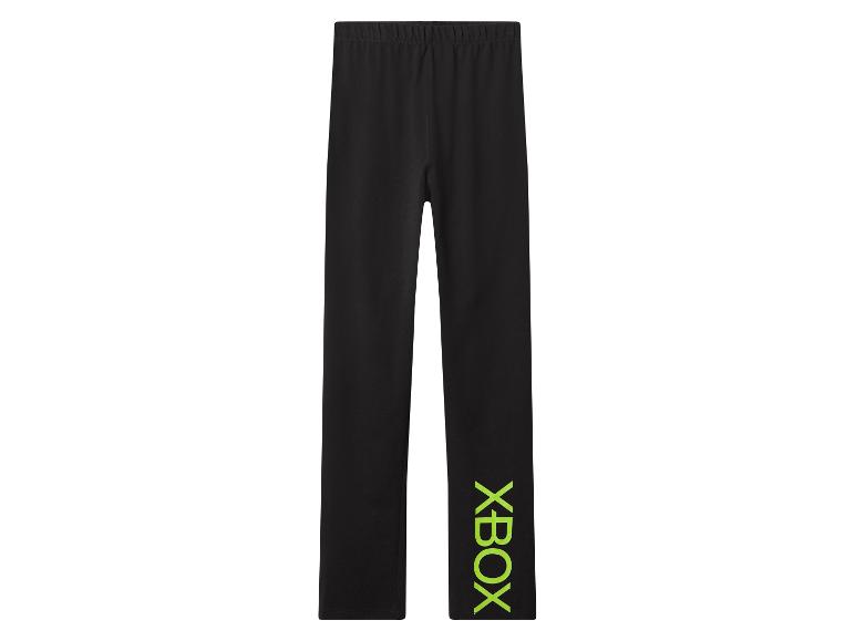 Schwarze Kinderleggings mit grünem XBOX-Schriftzug am Bein.