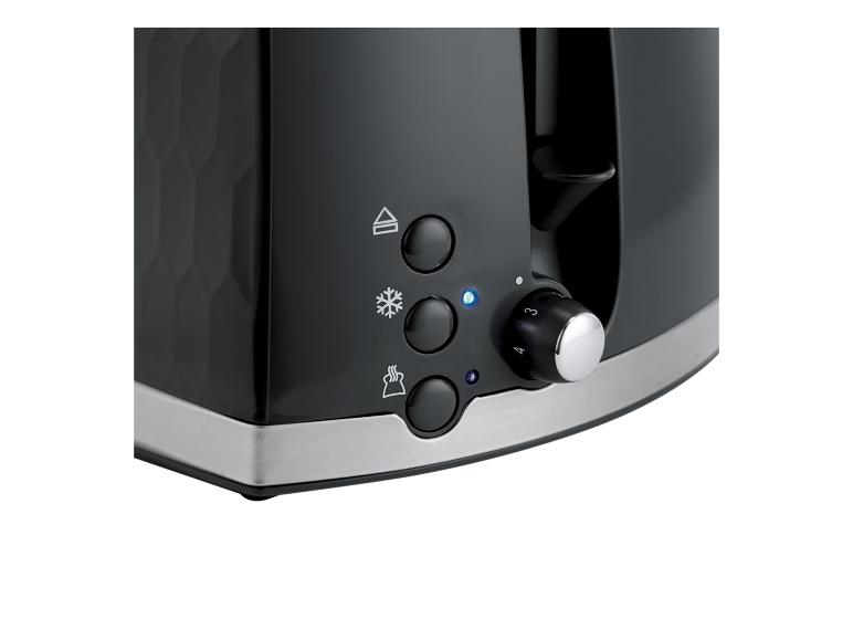 Schwarzer Toaster mit Auftau-, Aufwärm- und Abbruchtasten sowie einem Bräunungsregler.