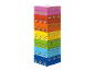 Turm aus bunten Blöcken mit Welpenbildern, in Regenbogenfarben gestapelt.