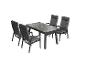 Gartenmöbel-Set: Rechteckiger grauer Tisch und vier Stühle mit grauen Kissen.