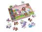 Holzpuzzle mit einem Mädchen und Katzen, teilweise in einer Box zusammengebaut.